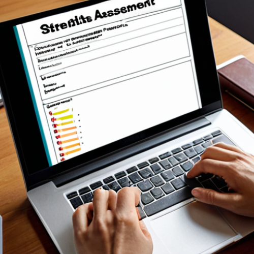Home 4 **Prompt:** A person sitting at a desk, thoughtfully looking at a self-assessment checklist with sections for "Strengths" and "Areas for Improvement." A laptop is open with an online course interface visible in the background. The overall mood is reflective and focused on personal development. Keywords: self-reflection, skills assessment, online learning, personal development, checklist, study, home office.
