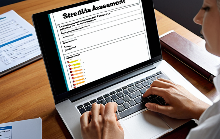 **Prompt:** A person sitting at a desk, thoughtfully looking at a self-assessment checklist with sections for "Strengths" and "Areas for Improvement." A laptop is open with an online course interface visible in the background. The overall mood is reflective and focused on personal development. Keywords: self-reflection, skills assessment, online learning, personal development, checklist, study, home office.